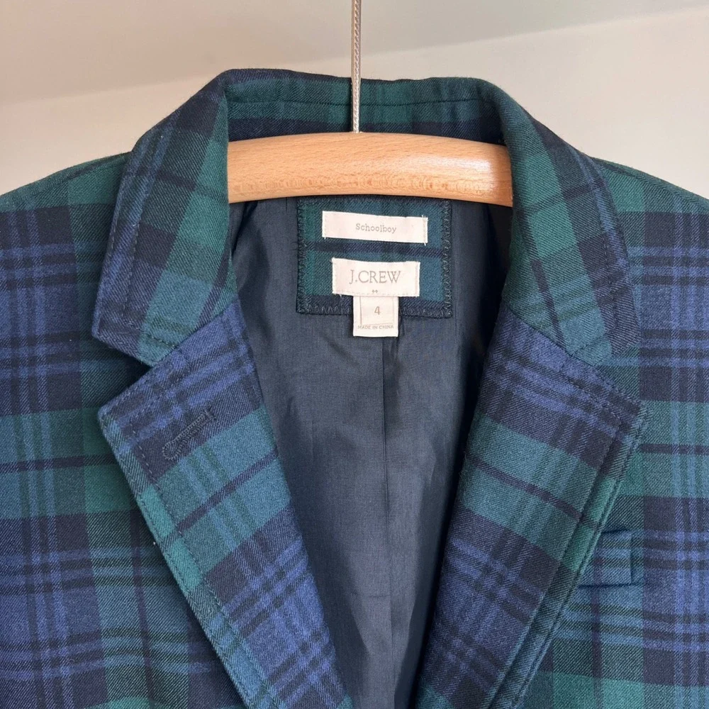 J. Crew Schoolboy‎ Blazer Size 4 Black Watch Plaid Navy Green Gold Button Jacket